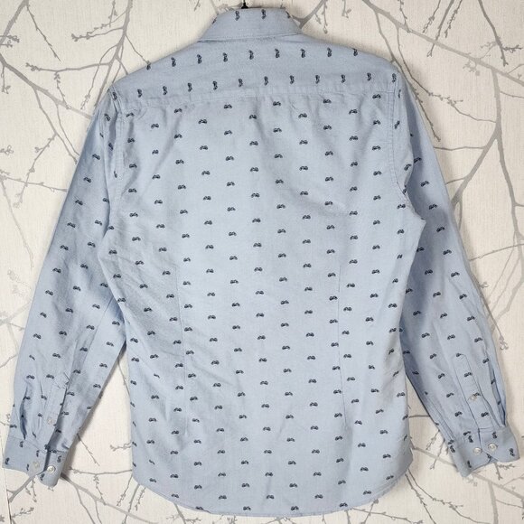 RW & Co Chambray Blue Motorcycles Printed 100% Cotton Tailored Fit Shirt - Picture 4 of 7